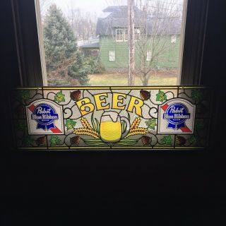 Vintage Pabst Blue Ribbon Beer Sign Faux Stained Glass Pbr 12 " X 36 " Collectible