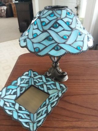 Vintage Partylite Spring Water Tiffany Style Blue Stained Glass Candle Holders
