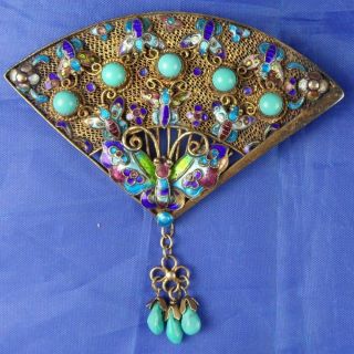 STUNNING VINTAGE LARGE CHINESE SILVER GILT FILIGREE TURQUOISE ENAMEL FAN BROOCH 2