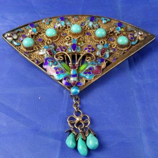 STUNNING VINTAGE LARGE CHINESE SILVER GILT FILIGREE TURQUOISE ENAMEL FAN BROOCH 3