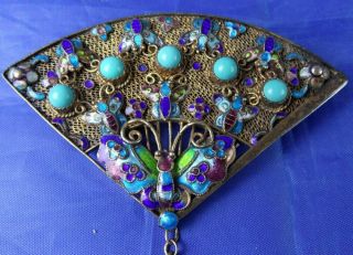 STUNNING VINTAGE LARGE CHINESE SILVER GILT FILIGREE TURQUOISE ENAMEL FAN BROOCH 4