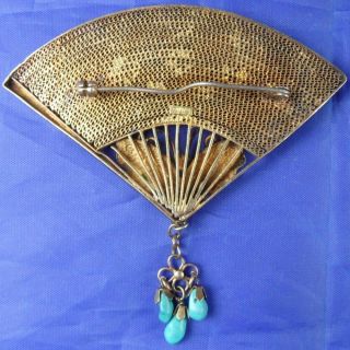 STUNNING VINTAGE LARGE CHINESE SILVER GILT FILIGREE TURQUOISE ENAMEL FAN BROOCH 6