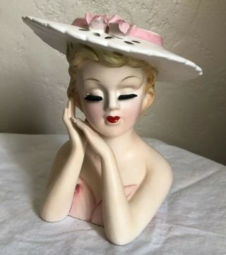 Vintage Lefton Lady Head Vase Pink And White Brimmed Hat With Pink Roses - 2900