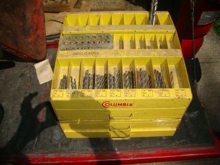 Vintage Columbia Cabinet Drill Bit Organizer Machinist Box Full Of Bits