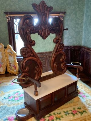 Antique Miniature Dollhouse Artisan Victorian Hat Mirror Umbrella Bench Signed
