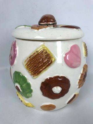 Vintage 1950 ' s COOKIES ALL OVER COOKIE JAR Walnut Finial Lid Ceramic 2