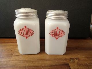 Vintage Hazel Atlas Square Milk Glass Shakers Red Shield Stencil Sugar Flour