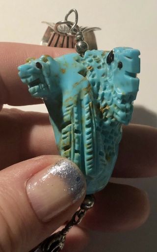 Vintage Native American Hand Carved Turquoise Necklace Signed Sterling S
