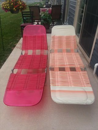 Vtg Folding Chaise Lounge Reclining Vinyl Tube Straps Chair Beach Pool Deck Lawn