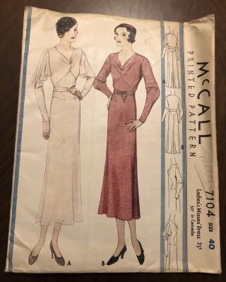 Mccall Printed Pattern 7104 1932 1930s Dress Size 40 Vintage 30s Fashion