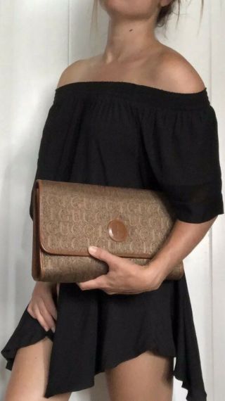 Authentic Vintage Gucci Monogram Gg Tapestry Brown Leather Purse Bag Clutch