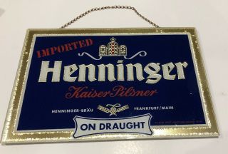 Henninger Rog Glass Beer Sign Vintage German Reverse On Glass Chain Hanger