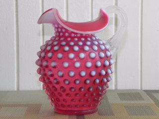 Vtg Fenton 5 1/2 " Art Glass Cranberry Pink Ruffled Hobnail Vase Water Pitcher