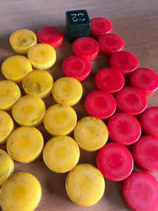 Vintage Old Bakelite Backgammon Game Set Red Butterscotch Yellow Chips Green Die