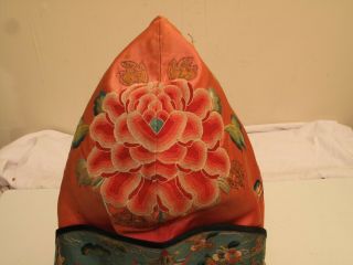 Antique Chinese Silk Embroidered Hat Peach Blossom Orange Vtg Lotus Flower