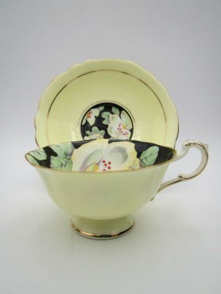 Vintage Paragon Cup & Saucer Set Yellow & Black Floral Pattern 2