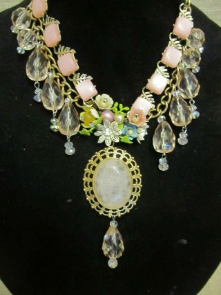 Vintage Pink Agate Cameo & Enamel Flower Statement Necklace - Repurposed