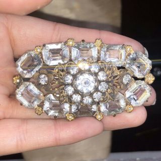Vtg Crystal Emerald Rhinestone Brooch Pin Old Art Deco Open Back Flower