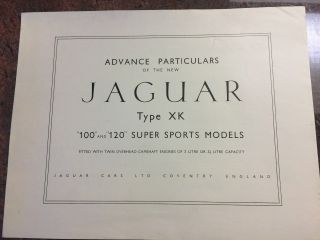 Vintage Jaguar " Advance Particulars " Xk 100 And 120 Sports Models Brochure