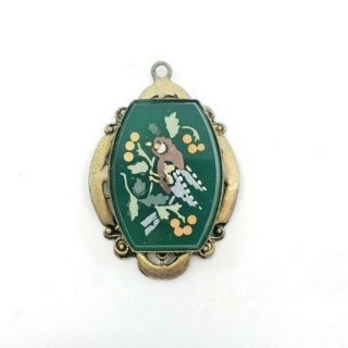 Antique Victorian Etched Glass Painted Bird Pendant Necklace Special Gorgeous