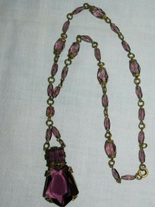 Antique Art Nouveau Amethyst Glass Lavalier Necklace Pendant 16.  5 " 10k Gold Gf