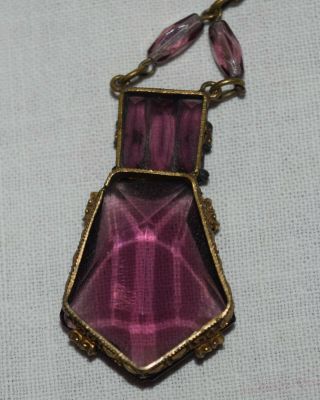 Antique Art Nouveau Amethyst Glass Lavalier Necklace Pendant 16.  5 