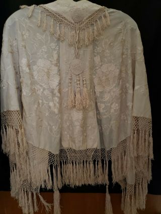 Antique Cream,  Silk,  Heavily Embroidered Victorian Shawl