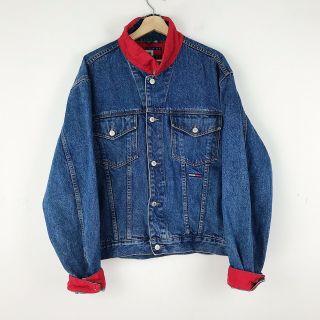 90s Vtg Tommy Hilfiger Jeans Denim Jacket Sz Xl Red Nylon Accents Flag Patch