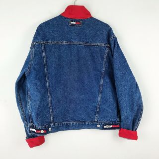 90s Vtg Tommy Hilfiger Jeans Denim Jacket Sz XL Red Nylon Accents Flag Patch 2