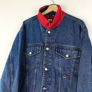 90s Vtg Tommy Hilfiger Jeans Denim Jacket Sz XL Red Nylon Accents Flag Patch 3