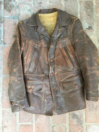 Vintage 1940’s Mens Wear Leather Jacket Horsehide Topline Carcoat Buckle Back