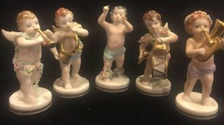 Vintage Mz Irish Dresden Set Of 5 Small Angels 3” Hand - Painted Porcelain