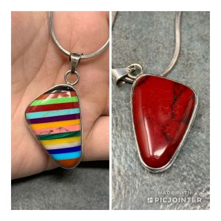 Vintage Sterling Silver Mexico Red Agate Striped Precious Stone Pendant Necklace