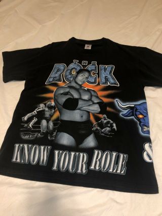 Vintage Wwf The Rock Rap Tee T - Shirt Size Xl Black Blue All Over Print Wwe