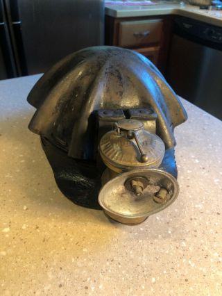 Vintage Miners Helmet Turtle Shell Leather Coal Mining Hat Cap Autolite Lamp