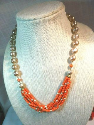 Miriam Haskell Large Glass Baroque Pearl And Orange Bead Necklace