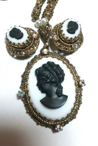 Antique West Germany Black White Cameo Rhinestone Vintage Necklace Earrings Set