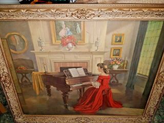 Antique Lithograph Sonata Artist M.  Ditlef Lady In Red Dress Playing Piano 27x33