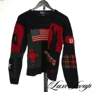 Rare Vintage Polo Ralph Lauren 9/11 September 11 Usa Flag Patchwork Sweater L Nr