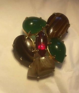 Vtg Signed 1965 Christian Dior Browns Greens Red Cabochons Pin Brooch