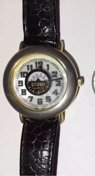 Vtg Women Gitano Watch Jump Second Black Leather Band Gold Case White Face Rare 4