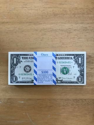 100 Bep Strap 2007 Rare Dc $1.  00 One Dollar Federal Reserve Star Notes Unc