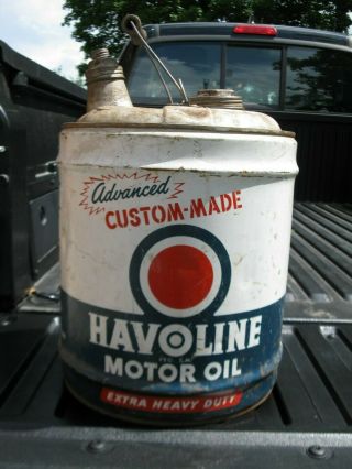 Vintage Metal 5 Gallon Havoline Motor Oil Tin Can W/ Wooden Handle
