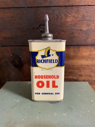 Old Richfield Lead Top Household Oil Can W/ Eagle - Vintage 4 Oz Handy Oiler Tin
