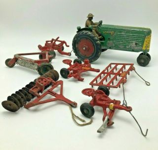 Vintage Slik Oliver 77 Green Farm Tractor With Driver And Six Red Implements