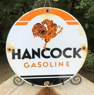 Vintage Hancock Porcelain Metal Sign Gas Station Pump Plate Motor Oil Gasoline