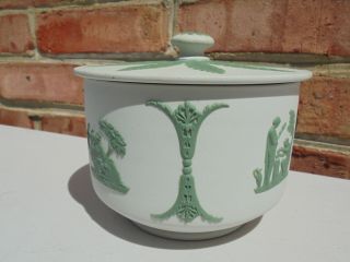 Scarce Antique Vintage Wedgwood Jasperware Green & Gray White Cov Bowl or Jar 2