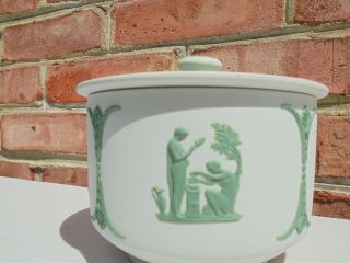 Scarce Antique Vintage Wedgwood Jasperware Green & Gray White Cov Bowl or Jar 3