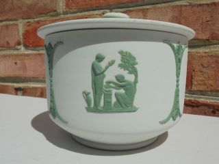 Scarce Antique Vintage Wedgwood Jasperware Green & Gray White Cov Bowl or Jar 4