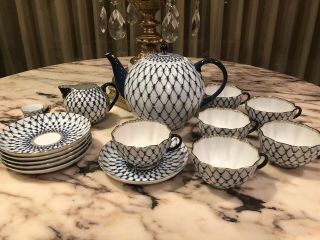 Rare Signed Imperial Russia Cobalt Blue Gold Tea Pot Creamer Cup And Saucer Set